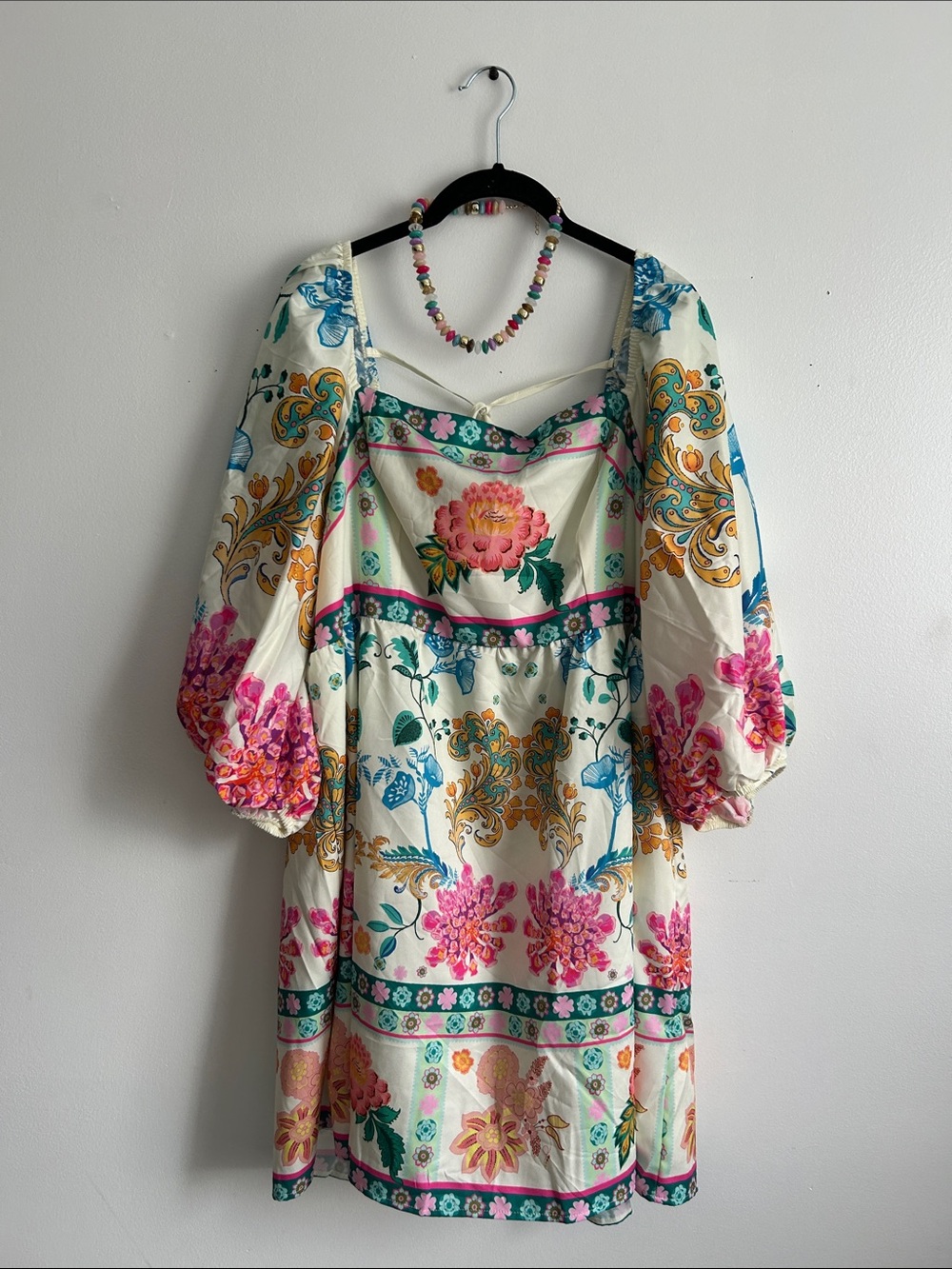SHEIN Floral Puff Sleeve Mini Dress in Cream, Pink & Teal
